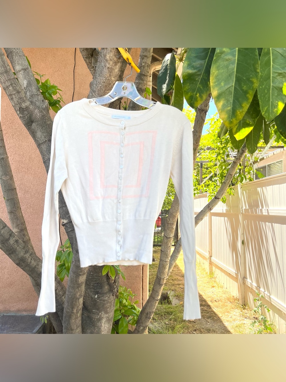 Australian Flannel Cream Button Down Cardigan with Light Pink Square Design